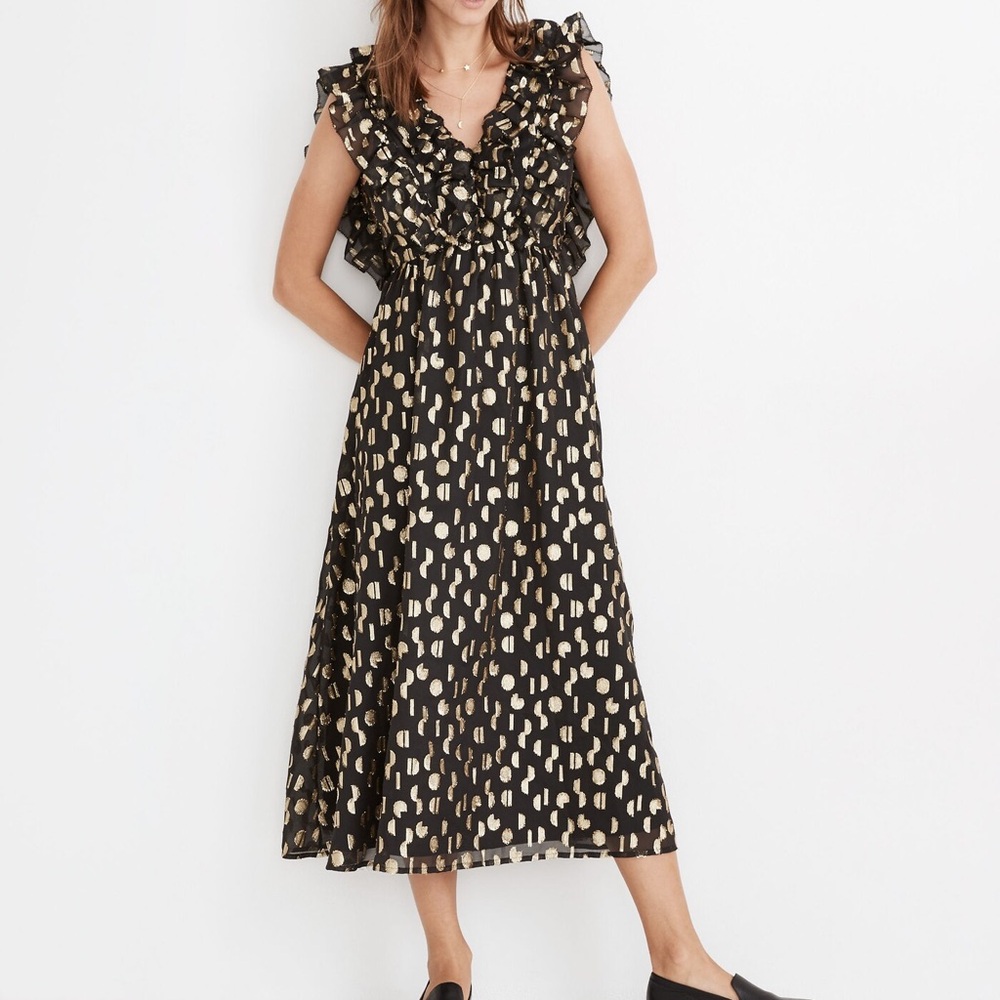 Metallic Clipdot Open-Back Ruffle Maxi Dress // Madewell